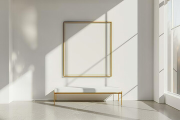 Sunlit gallery space with a white bench and blank gold frame, minimalist 3D design