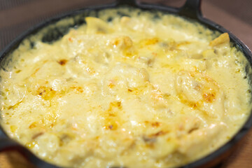 Close-up of mushrooms in sour cream sauce on a cast-iron frying pan for serving dishes in a restaurant