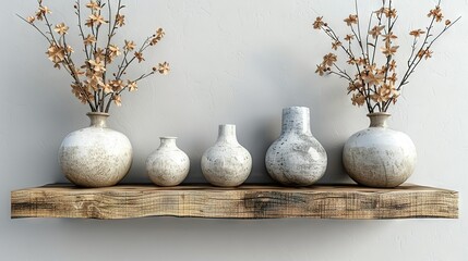  A group of vases arranged on a wooden shelf against a wall