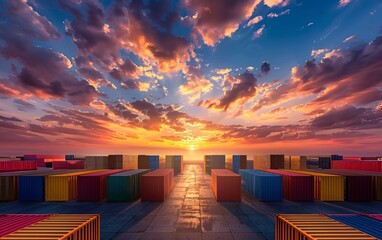 Sunset over a vast, colorful shipping container yard.