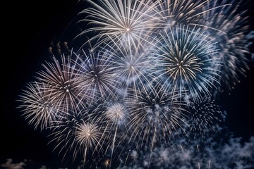 Nighttime fireworks display, with bursts of colorful lights illuminating the dark sky