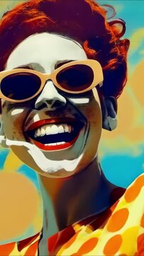 beautiful woman in sunglasses happily smiles on vacation in retro comic book cartoon drawing style. Woman travel animation -4k stock video footage animation video