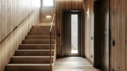 Fototapeta premium Wooden staircase and lining paneling wall in minimalist style hallway. Interior design of modern rustic entrance hall with door in farmhouse 