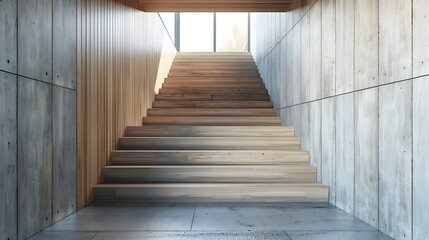 Wooden staircase and lining paneling wall in minimalist style hallway. Interior design of modern rustic entrance hall with door in farmhouse 
