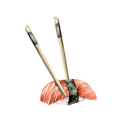 Japanese sashimi with rice in wooden chopsticks watercolor illustration. Asian sea food with salmon, maguro roll clip art for restaurant label, menu, logo design. Sea market decor