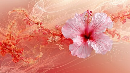   A giant pink blossom adorning an orange-pink background with swirling patterns