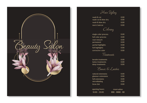 Vector Illustration sticker business card for beauty salon with pricelist and special offer opening hours and phone number for reservation decorated with botanical art texture. A4 printable template