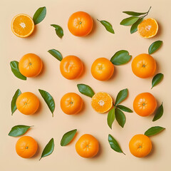 Fresh juicy orange yellow tangerines as minimal flat lay square pattern, Citrus oranges fruits with green leaves on beige background. Still life geometric layout of mandarin, summer card 