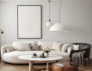 Frame mockup, ISO A paper size. Living room wall poster mockup. Modern interior design. Living room Interior mockup with house background. 3D render