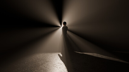 3d render of a person holding an extremely bright object against a dark background.