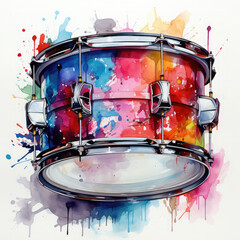Watercolor Vibrant Painted Drum Illustration, Generative Ai