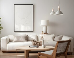 Frame mockup, ISO A paper size. Living room wall poster mockup. Modern interior design. Living room Interior mockup with house background. 3D render