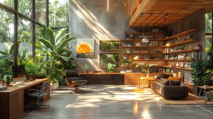 A modern workspace with natural light, indoor plants, and eco-friendly furniture