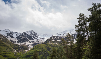Green wooded mountains and around high mountains in the snow and a beautiful sky on a summer day. Georgia.