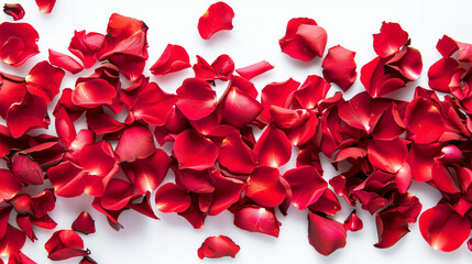 Fresh red rose petals on white background. Banner 