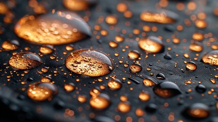   Water droplets on black surface, highlighted in orange and yellow atop