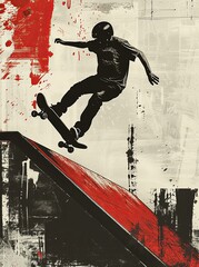 Poster. Sketch art-style illustration. Silhouette of skateboarder in mid-motion on ramp, creating sense of speed and intensity.