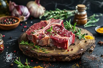 Beef raw meat, black stone background, spices, rosemary herbs. Top view Banner. Fresh red meat with pepper, salt for grilling on dark cutting board. Prime fillet. Food magazine style. Chief menu BBQ
