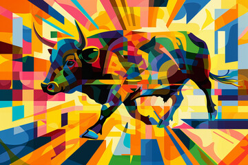 Abstract Illustration: Bull Charging Through Colorful Geometric Maze