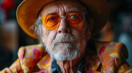 Close-up of an old man adorned in a vibrant outfit and tinted eyeglasses, showing off his individual style