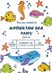 Invitation to a children's party. Under the sea party. Boys and girls celebrate and have fun. Newborn. Trendy and modern style. Postcard and letter. Balloons, holidays, cake with candles. Anniversary.