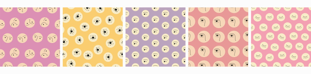 Five repeating patterns, abstract drawing. Simple cute shapes, flat vector, endless backdrop.