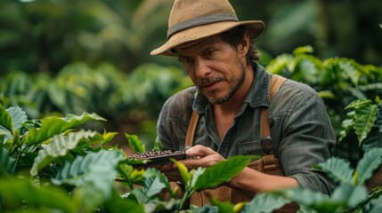 A contemplative farmer analyzes freshly picked coffee beans with a discerning eye amidst coffee plants