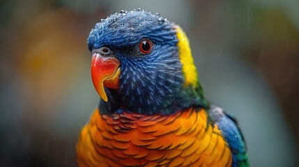   Close-up of a colorful bird with a raindrop on its head against a blurred backdrop