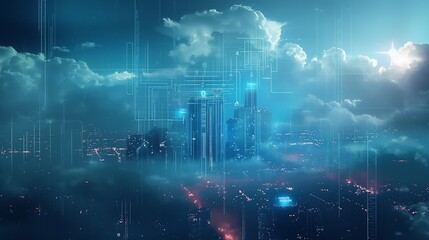 a futuristic city plan with cloudy, dark sky-blue background, digital connections, and floating holographic data elements displaying city metrics.