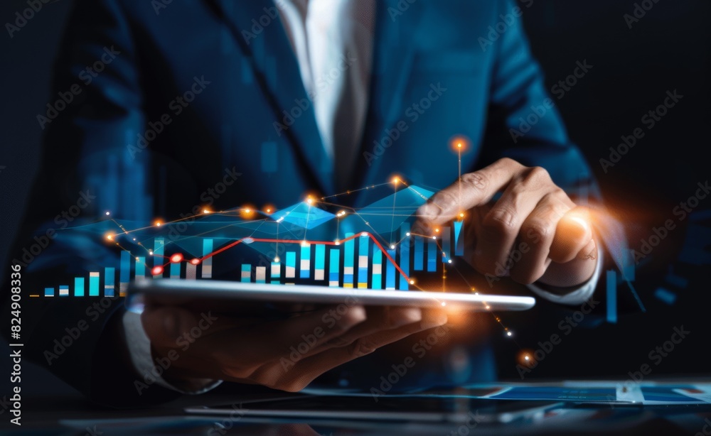 Aufkleber businessman using a tablet with data analytics and growth graph display