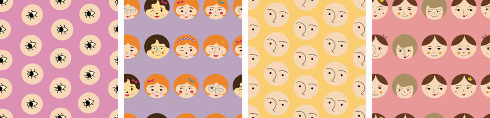 Bundle of four patterns, beautiful girlish faces. Stylish repeating design, female face, creative seamless backdrop.