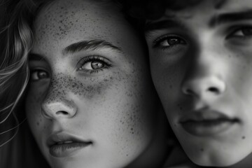 Black and white image capturing the detailed facial features of a young couple with freckles