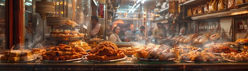 A bustling Egyptian bakery with an assortment of basbousa and baklava, with a lively market scene visible through the window