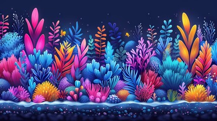   A vibrant underwater world painted against a deep blue backdrop featuring corals, flora, and fauna