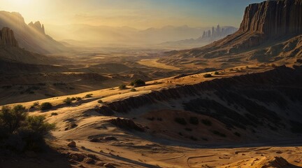 A desert terrain stretches with mountains in the background under a clear sky