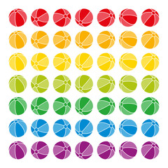 Set of multi colored beach balls. Rainbow colored balls, each color aligned in seven different directions. Spheres in spectrum colors with stripes and white outlines. Isolated illustration. Vector.