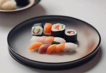Minimalist presentation of sushi, isolated Asian food, sushi. isolated white background, Japanese restaurant

