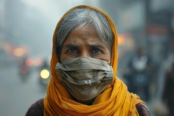 An old woman wearing a mask to protect herself from the polluted air in New Delhi, India.