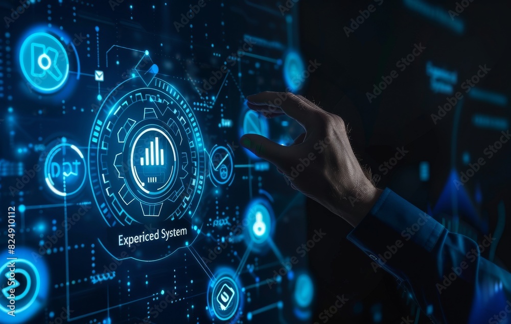 Poster businessman interacting with digital interface displaying futuristic technology and data analysis ic