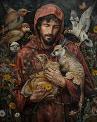 Saint Francis of Assisi surrounded by animals in the forest