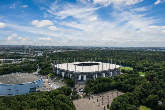 Aerial panoramic summer view of Volksparkstadion, home stadium of HSV (Hamburger SV), Bundesliga football club; host arena for FIFA World Cup 2006 and UEFA Euro 2024. Hamburg, Germany - July 2022
