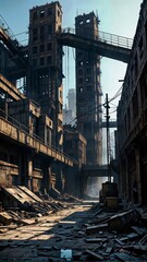 Fototapeta premium A city street cluttered with rubble and debris, creating a hazardous environment for pedestrians and vehicles