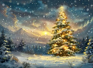 Snowy Winter Landscape with a Christmas Tree