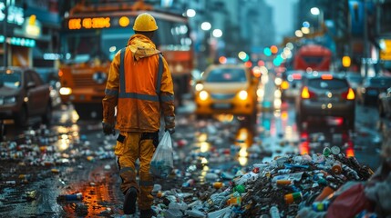 In an urban setting with glowing traffic lights, a worker in a safety outfit clears garbage