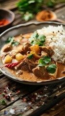 A closeup of a beautifully plated massaman curry with beef, served with jasmine rice and fresh herbs on a rustic wooden table