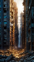 Crumbling high-rise buildings line a narrow street filled with debris at dusk, casting long shadows in a deserted city