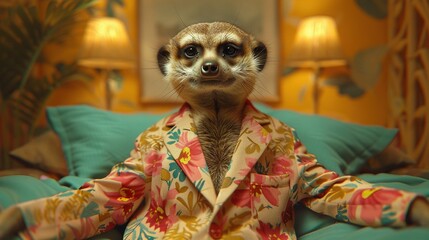   A meerkat adorned in a robe lounges on a bed within a spacious room, illuminated by lamps, and featuring a captivating painting on the