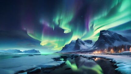 Gorgeous Northern or Southern lights of Aurora in a beautiful night sky. Aurora Borealis above the islands' sky. A bright sight in a nighttime winter landscape