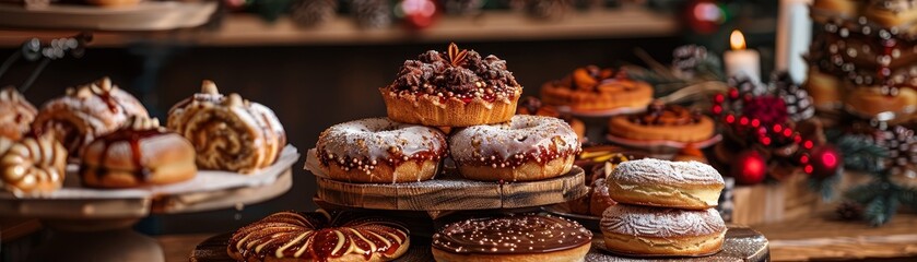 A closeup of a Polish bakerys display of paczki and other pastries, with a cozy, rustic interior and festive decorations