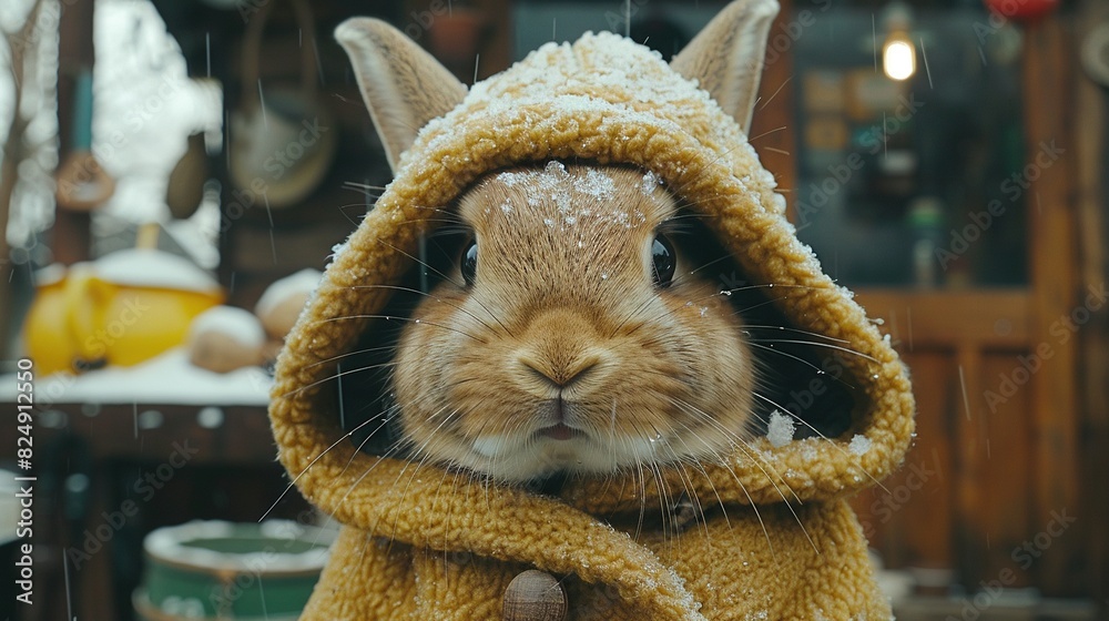 Wall mural a close-up of a snow-covered rabbit wearing a hat, wrapped in a blanket